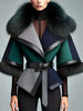 Elegant Women Winter Wool Coat Faux Fur Collar Color Block Patchwork Jacket Belt Waist Cinched 3/4 Sleeve Lady Outerwear