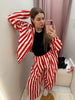 Vintage Contrast Striped Coat Pants Suit Women Chic Zipper Elastic Waist Button Lantern Trouser Suit Autumn Daily Street Outfit