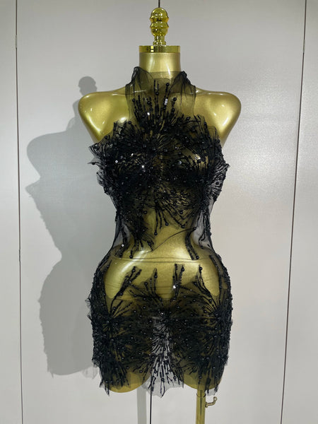 Women Sexy Mesh See Through Pearl Lace Party Mini Dress Celebrate Birthday Photo Shoot Wear Performance Stage Costume