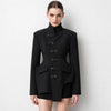 Women Black Blazer Stand Collar Metal Buckle V-Neck Hollow Waist Slim Fit Party Long Suit Jacket