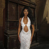 Women Sexy Lace Patchwork White Maxi Dress Flared Sleeve Off Shoulder Bodycon Gowns Lady Evening Night Party Robes