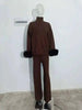 2 Pieces Sets For Women High Neck Loose Sweater With Fox Fur Cuffs Wide Leg Trousers Spring Winter 2DB1757