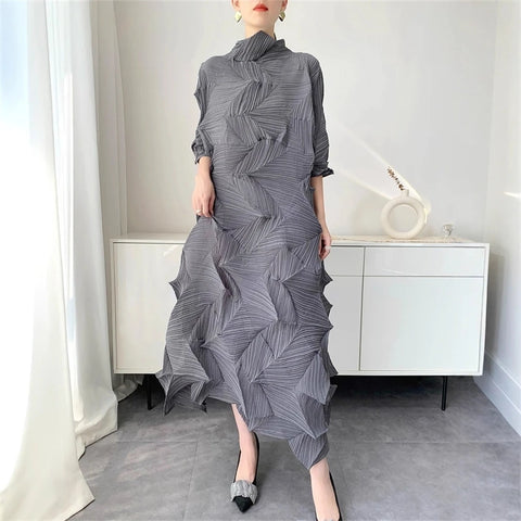 Pleated Long Dress For Women Elastic Loose Irregular Pleated Stand Collar Pullover Famale Clothing Half Sleeve 2DB4256