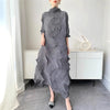 Pleated Long Dress For Women Elastic Loose Irregular Pleated Stand Collar Pullover Famale Clothing Half Sleeve 2DB4256