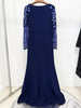 High Street Designer Women's Spliced Mesh Diamonds Beaded Long Sleeved Floor Length Maxi Long Dress