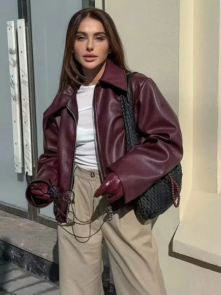 Wine Red Faux Leather Jakcet Outerwear Thicken Zipper Lapel Pu Coats Autumn Winter Streetwear Ladies Tops Women