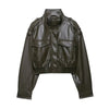 Women's Faux Leather Short Jacket Coat Long Sleeve High Collar Chic Top with Flap Pockets Female Outerwear