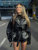 Women Black Short Faux Leather Trench Coat Long Sleeve Lapel Jacket With Belt Vintage Lady Motorcycle Jacket Outwear