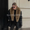 Brand Design Black Long Faux Leather Coat Women Detachable Fur Collar Oversized PU Leather Jacket Blazer