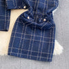 Autumn Dress Suit Women Korean Chic Blue Tweed Jacket + Vest Dress Elegant 2 Piece Set Long Sleeve Cropped Coat