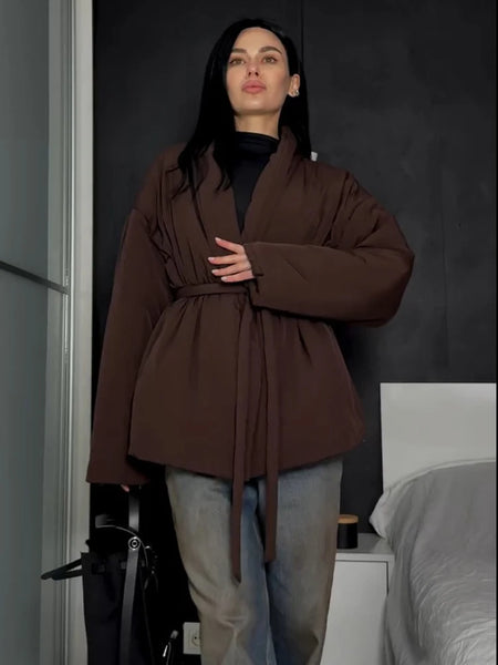 Casual Lace Up Solid Color Women's Coat V-neck Button Pocket Loose Cotton Jacket Autumn Winter Clothes Daily Wear