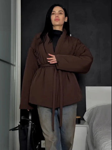 Casual Lace Up Solid Color Women's Coat V-neck Button Pocket Loose Cotton Jacket Autumn Winter Clothes Daily Wear