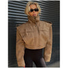 Women Faux Suede Cropped Jacket Stand Collar Snap Button Epaulet Detail Long Sleeve Loose Moto Outerwear Edgy Fall Daily Jackets