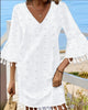 Women V Neck Tassel Hem Mini Dress With Flare Bell Sleeves And Textured Swiss Dot Design
