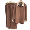 Korean Lapel Denim Shirt Set Women's Loose Casual Two-piece Set Solid Color Wide-leg Pants Set
