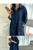 Korean Style Women's Dark Blue Solid Color Spliced Long Sleeve Turn-down Collar Loose Ankle Length Jean Dress