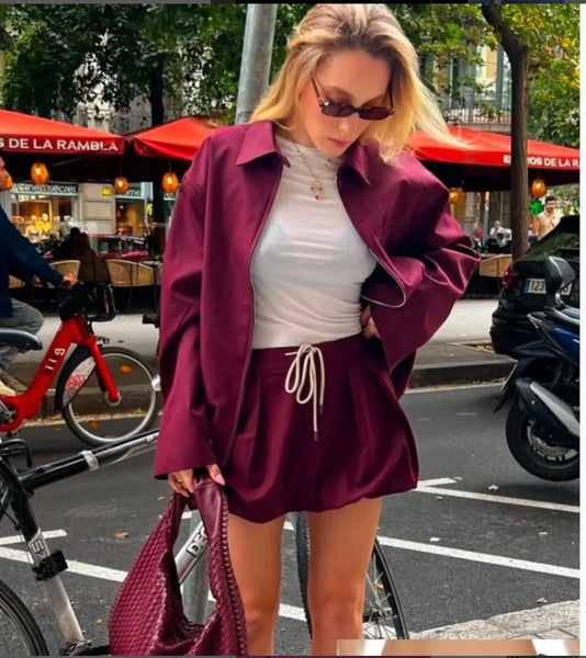 Red Skirt Set Elegant Female Sets Autumn Coats Sets for Women 2 pieces Outerwears Zipper Long Sleeve Jacket Skirt set