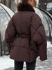 Vintage Faux Fur Patchwork Women Thicken Coat Long Sleeve Belt V-neck Female Outwear Winter Lady Streetwear