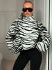 Zebra Print Asymmetric Coats Women Chic Wrap High Collar Oversized Drop‑shoulder Jacket Fall Winter Streetwear Outerwear