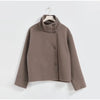 Woolen Dark Blue Jacket Women Autumn Single Breasted Stand Collar Loose Female Coat Office Lady Street Short Outwear Tops