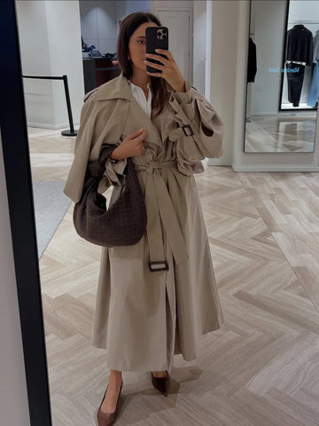 Casual Lace Up Long Trench Coat Women Chic Solid Color Full Sleeve Lapel Windbreaker Fall Loose Commute Jackets
