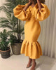 Women Evening Dress Solid Full Puff Sleeve V-neck Long Maxi Trumpet Dresses Vintage Party Vestidos Fall Outfit