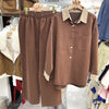 Korean Lapel Denim Shirt Set Women's Loose Casual Two-piece Set Solid Color Wide-leg Pants Set
