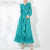 Chic Pleated Women's Dress Irregular Ruched Patchwork Design V Collar Niche Elastic Loose Lace Up Clothing 2DB1191