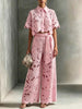 Elegant Women's Sets Sexy Lace Hollow Shirt Short Top + Wide-leg Pants Two Piece Set Women Suits Solid Color Sets Female