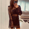 Sexy Black Embroidery Mini Dress Women Elegant Sheer High Waist Pencil Dresses Vintage Loose Flare Sleeve Short Dress