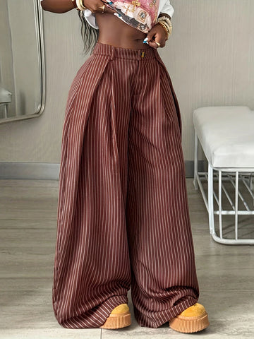 Brown Vertical Pinstripe High Waist Wide Leg Trouser for Women Y2K Loose Fit Baggy Pants Straight Full Length Streetwear