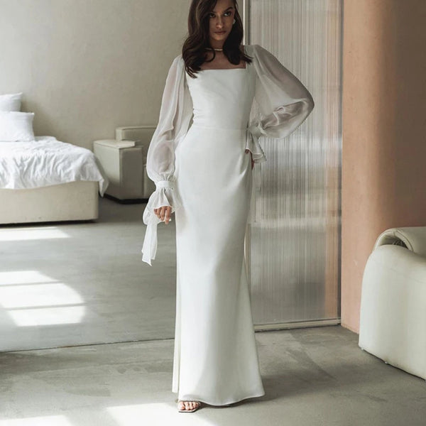 White Office Women Dress Slim Square Collar Long Sleeve Ankle Length Dresses Spring Female Clothing Dress