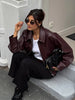 Women Coated Cinched-waist Leather Jacket Retro Casual Lapel Full Sleeve Zipper Fishbone Coats Lady Daily High Street Coat
