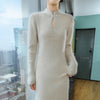 Women' 100%Pure Mink Cashmere Dress Stand-Up Collar Buckle Slim Knit Long Skirt High Waist Over The Knee Bottoming Dress