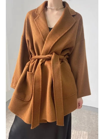 Winter Casual Adjustable Waist Wool Coat Women Water Ripples Woolen Coat Jackets Female Autumn Camel Coat Commuting