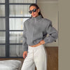 Double Zip Rib Collar Women Cropped Jacket Long Sleeve Side Pockets Loose Oversized Solid Autumn Coats Daily Chic Jackets
