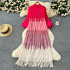 Tassel Patchwok Color Block Dress for Women Pleated Puff Sleeve Mid-calf Dresses Female Autumn