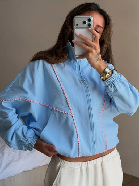 Autumn Y2K Women Stand Collar Zipper Jacket Color Contrast Stitching Loose Long Sleeve Casual Daily Short Outerwear Coat