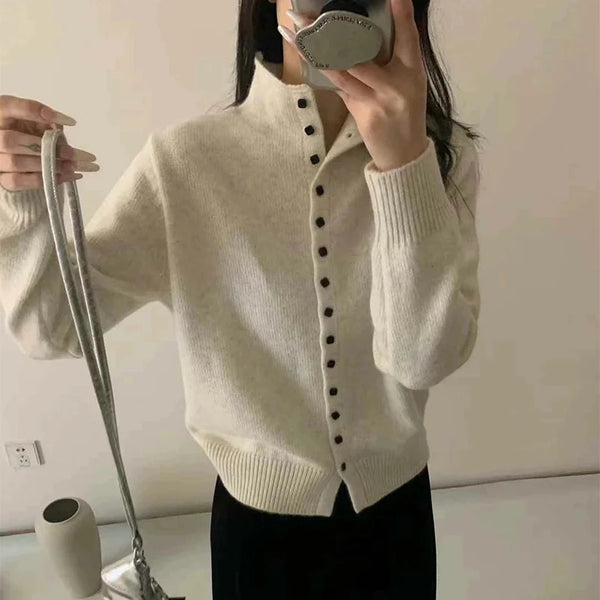 Soft Comfortable Stand-Up Collar Sweater Cardigan Women Simple Single Breasted Cardigans Coat Autumn Solid Knitted Outerwear