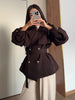 Women Short Belted Trench Coat Lapel Double Breasted Long Puff Sleeve Loose Fit Jacket Casual Daily Office Ladies Outerwear