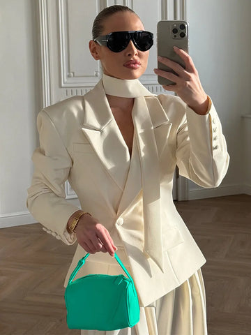Solid Slim Elegant Jacket Women's Autumn Lace Up Patchwork Long Sleeve Bodycon Blazer Femme Office Commuter Coats