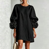 Women Solid Mini Dress Round Neck Puff Sleeve 3D Flower Cuff Loose Shift Dress Elegant Vacation Party Daily Casual Short Dresses