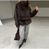 Women Dark Brown Faux Fur Coat Stand Neck Zipper Loose Solid Pullover Spring Chic Lady Casual High Street Outwear