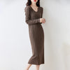 Women Pure Wool Sweater Dresses Long Sleeve Purllover 100% Merino Wool V-neck Knitwear Spring Autumn Grace Striped Dresses