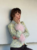 Satin Jacquard Fluffy Fur Cuffs Patchwork Blazer Light Green V Neck Long Sleeve Slim Outerwear Lady Fall Party Daily Jacket