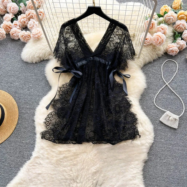 Lace Mesh Sensual Comfortable Mini Dress Women V Neck Lace-up Black Dress Sexy Party Hotsweet