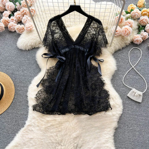 Lace Mesh Sensual Comfortable Mini Dress Women V Neck Lace-up Black Dress Sexy Party Hotsweet