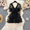 Lace Mesh Sensual Comfortable Mini Dress Women V Neck Lace-up Black Dress Sexy Party Hotsweet