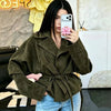 Chic Green Suede Lace Up Jackets Women Loose Stand Collar Belt Long Sleeve Buttons Coats Autumn Winter Lady Outwear