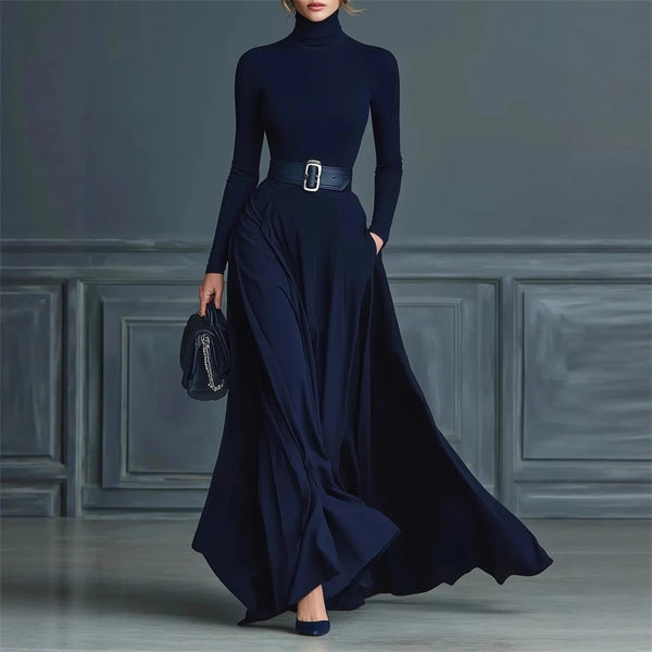 Half High Collar Knitted Long Dress For Women, Autumn Winter Long Sleeve Splicing Maxi Dress, Elegant Party Date Night Outfit
